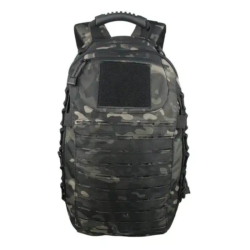 Black camo backpack with rain cover