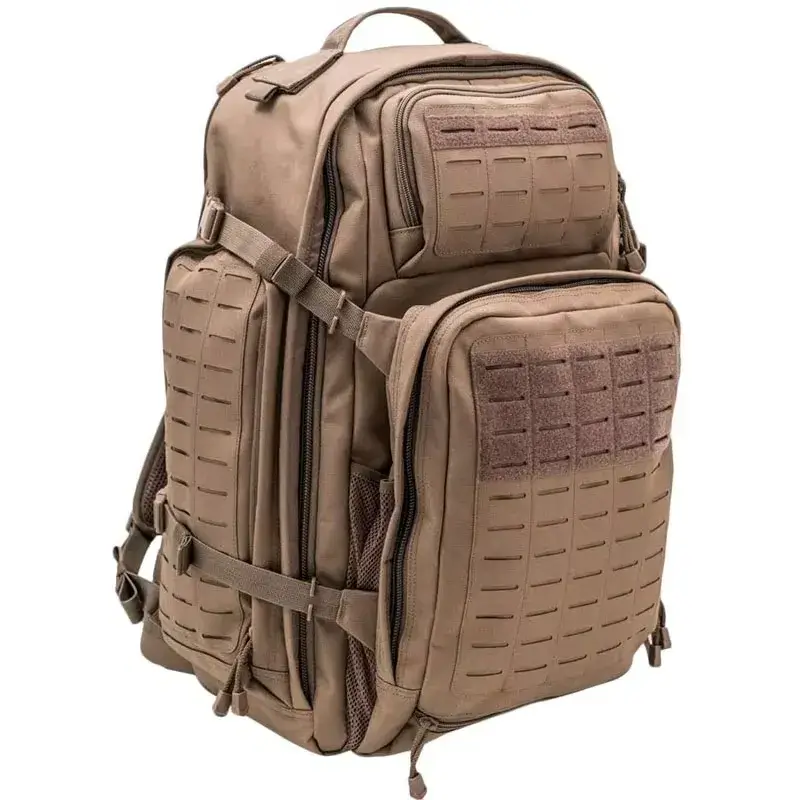 Tan tactical backpack with laser-cut MOLLE