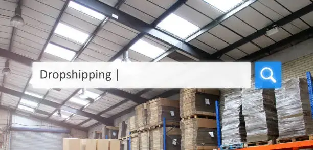 A search bar over a warehouse looking for companies who offer Dropshipping.